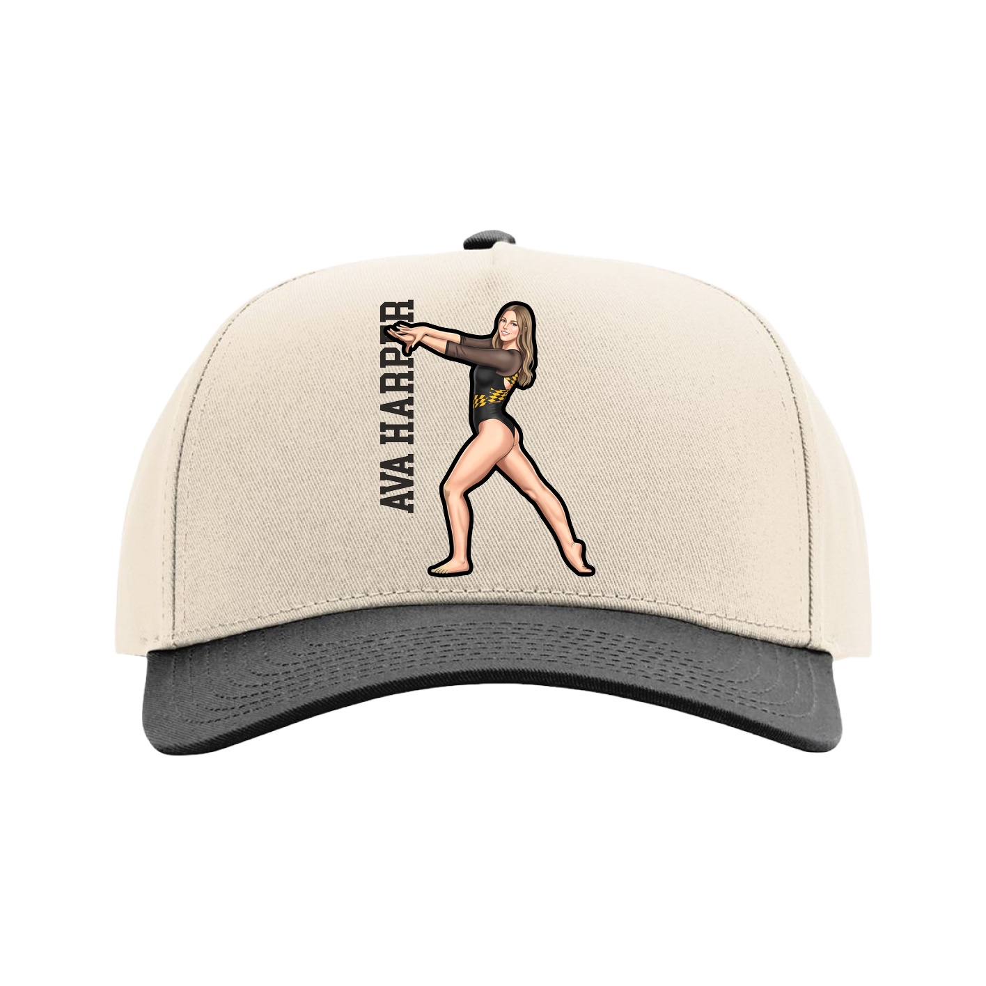 Full Fabric Five-Panel Champ Cap — Name Vertical in Cream/Black