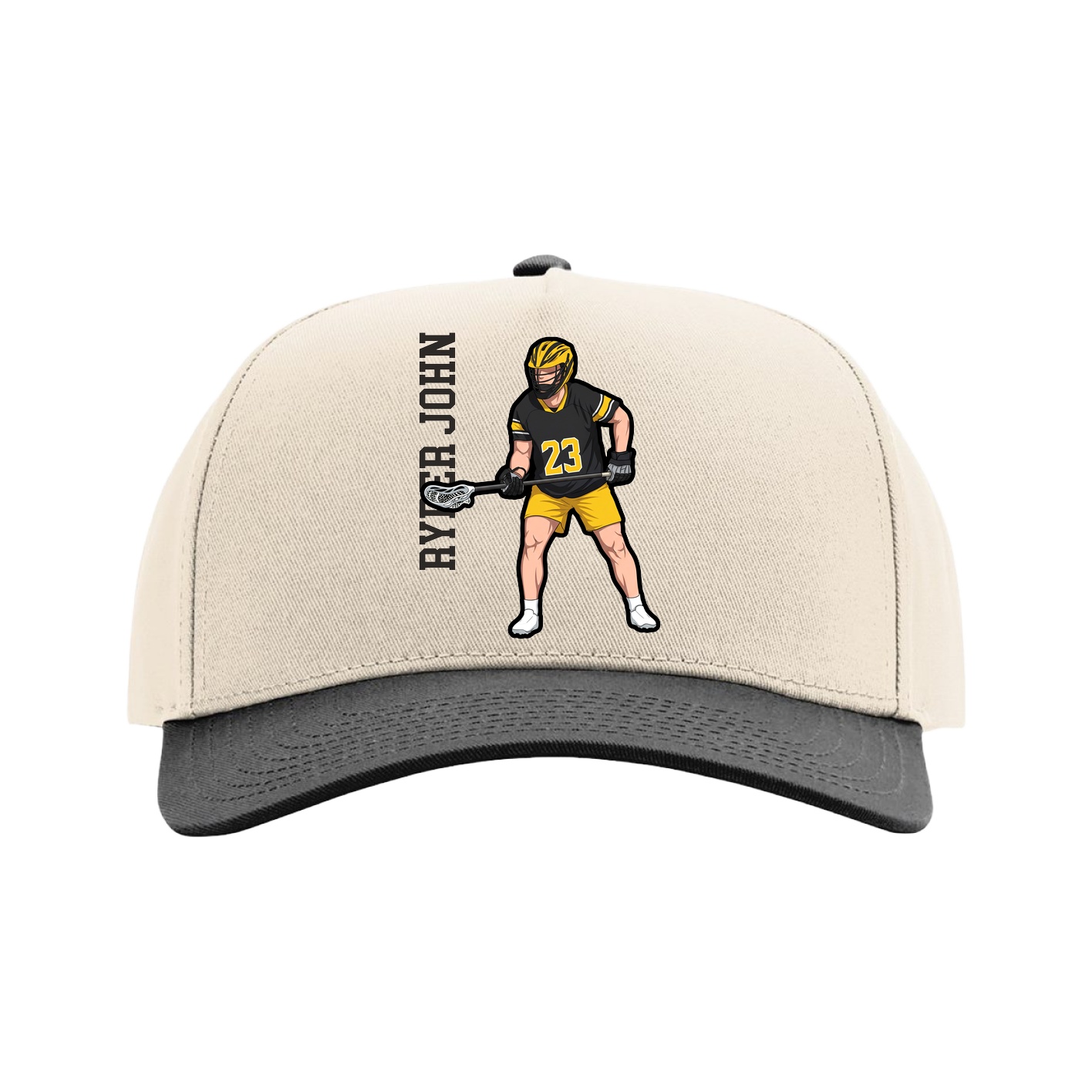 Full Fabric Five-Panel Champ Cap — Name Vertical in Cream/Black