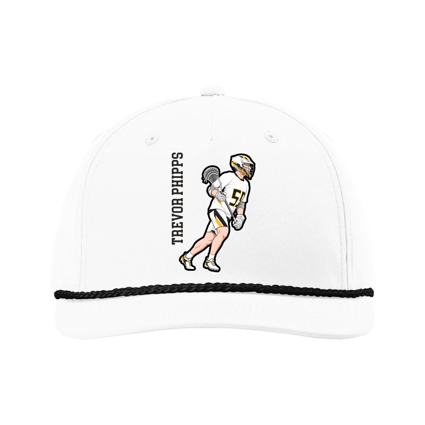 Five-Panel Classic Rope Cap — Name Vertical in White