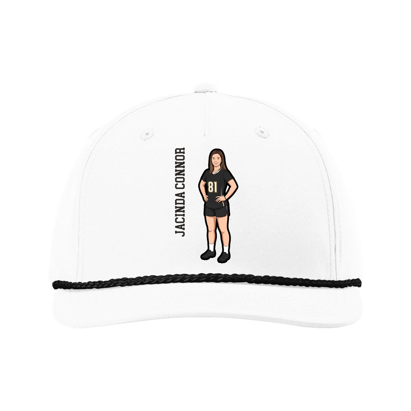 Five-Panel Classic Rope Cap — Name Vertical in White