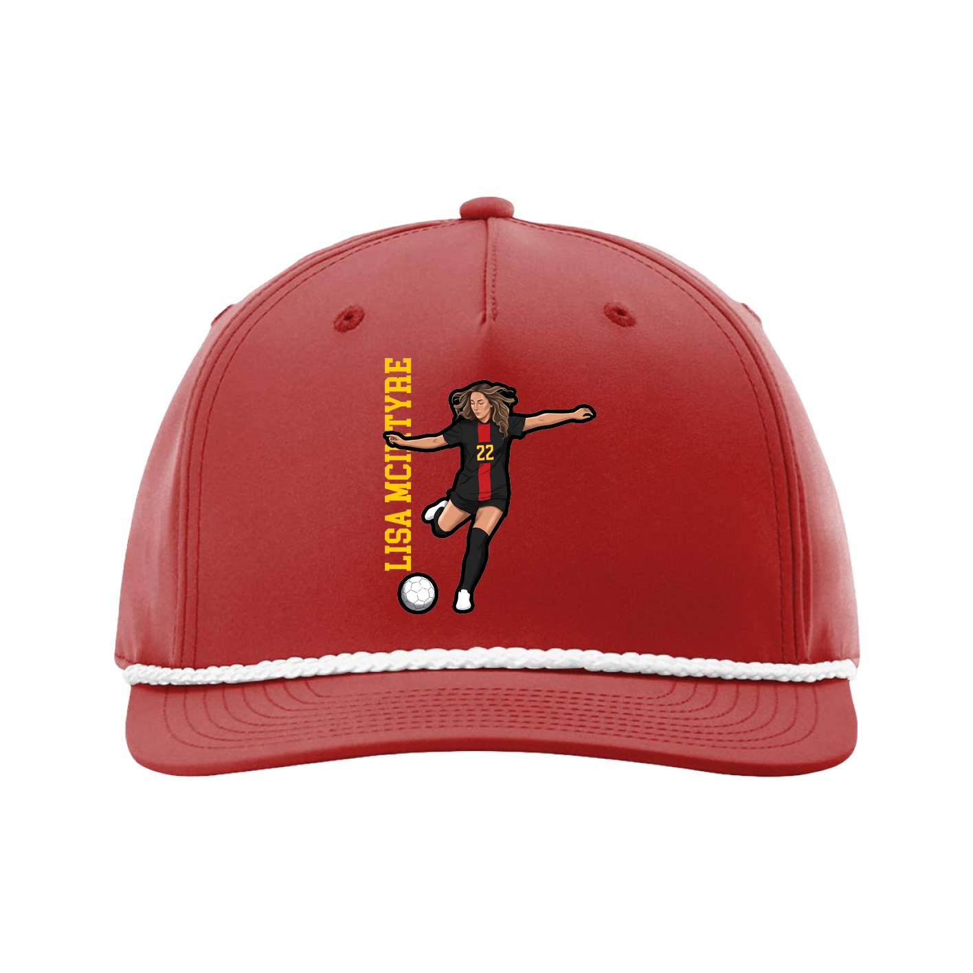 Five-Panel Classic Rope Cap — Name Vertical in Red