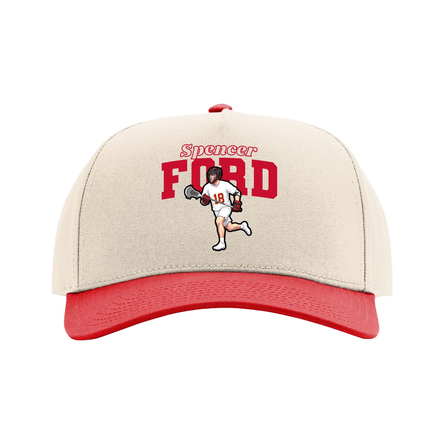 Full Fabric Five-Panel Champ Cap — Name Arch in Cream/Red