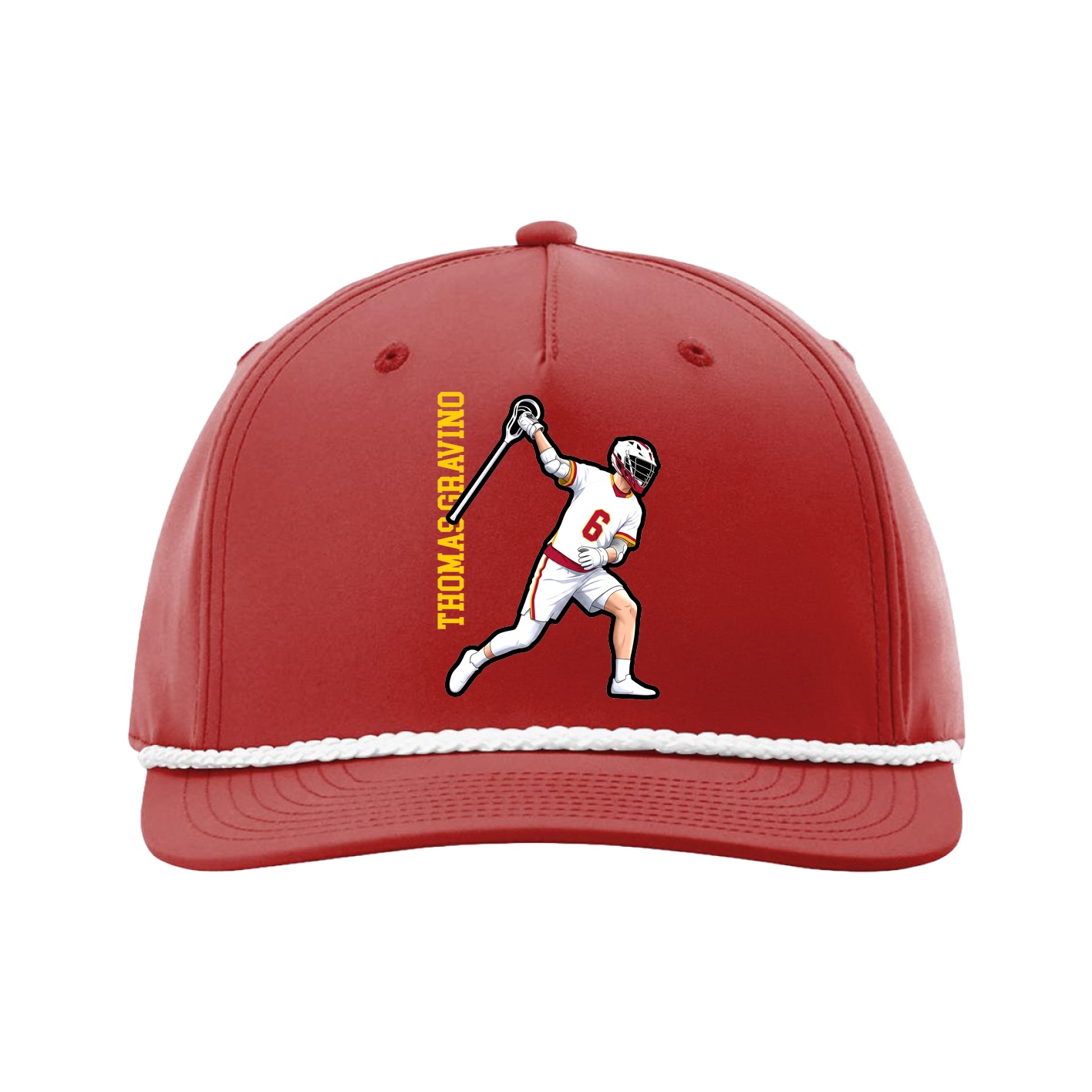 Five-Panel Classic Rope Cap — Name Vertical in Red