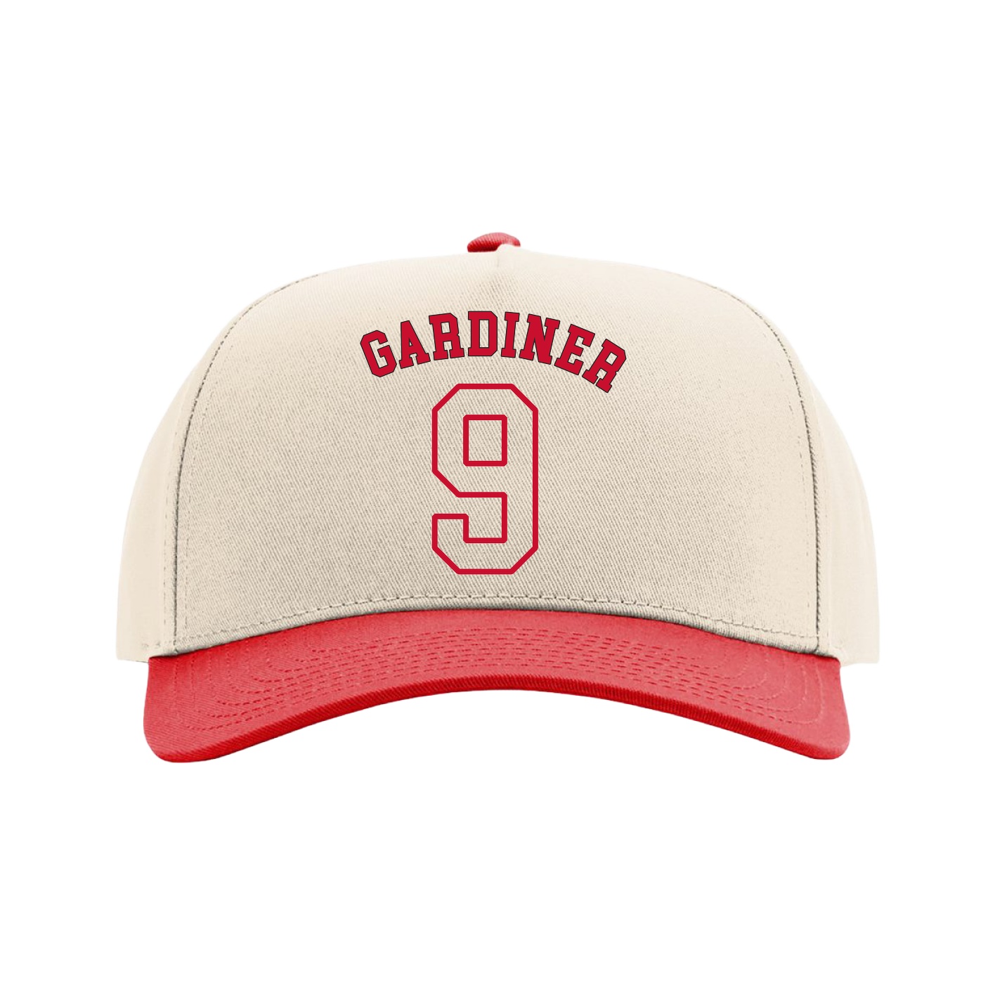 Full Fabric Five-Panel Champ Cap — Shirsey Arch in Cream/Red