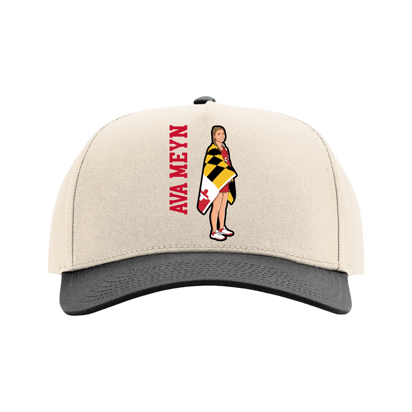 Full Fabric Five-Panel Champ Cap — Name Vertical in Cream/Black