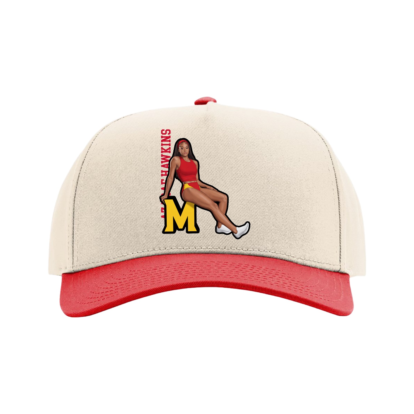 Full Fabric Five-Panel Champ Cap — Name Vertical in Cream/Red