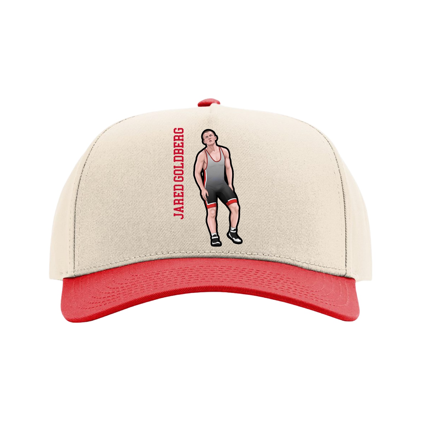 Full Fabric Five-Panel Champ Cap — Name Vertical in Cream/Red