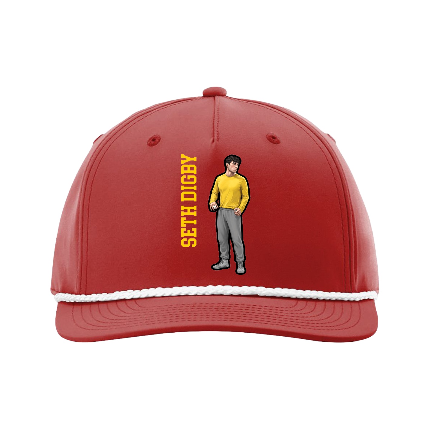 Five-Panel Classic Rope Cap — Name Vertical in Red