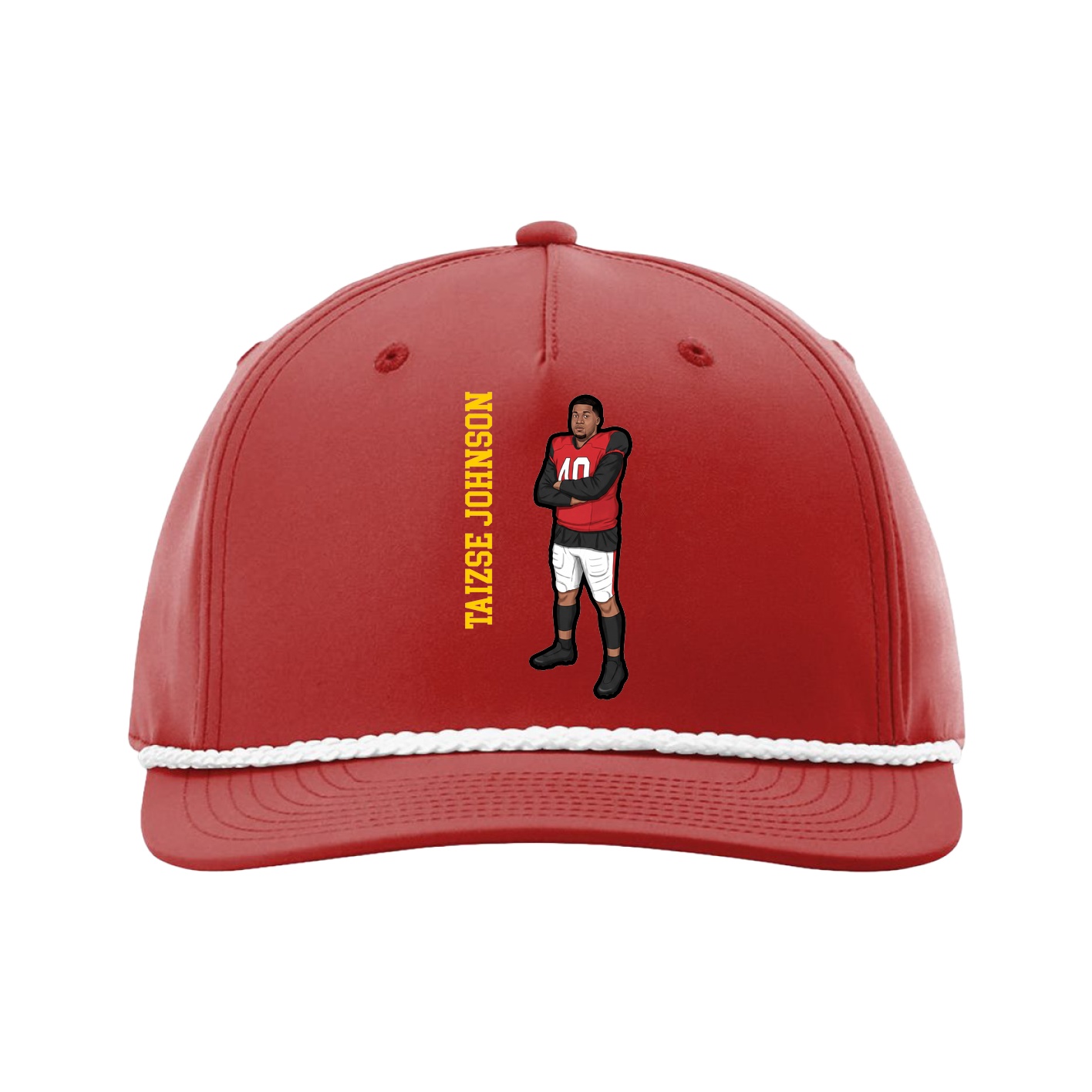 Five-Panel Classic Rope Cap — Name Vertical in Red