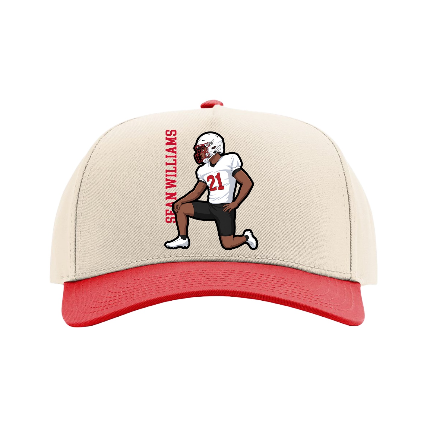Full Fabric Five-Panel Champ Cap — Name Vertical in Cream/Red