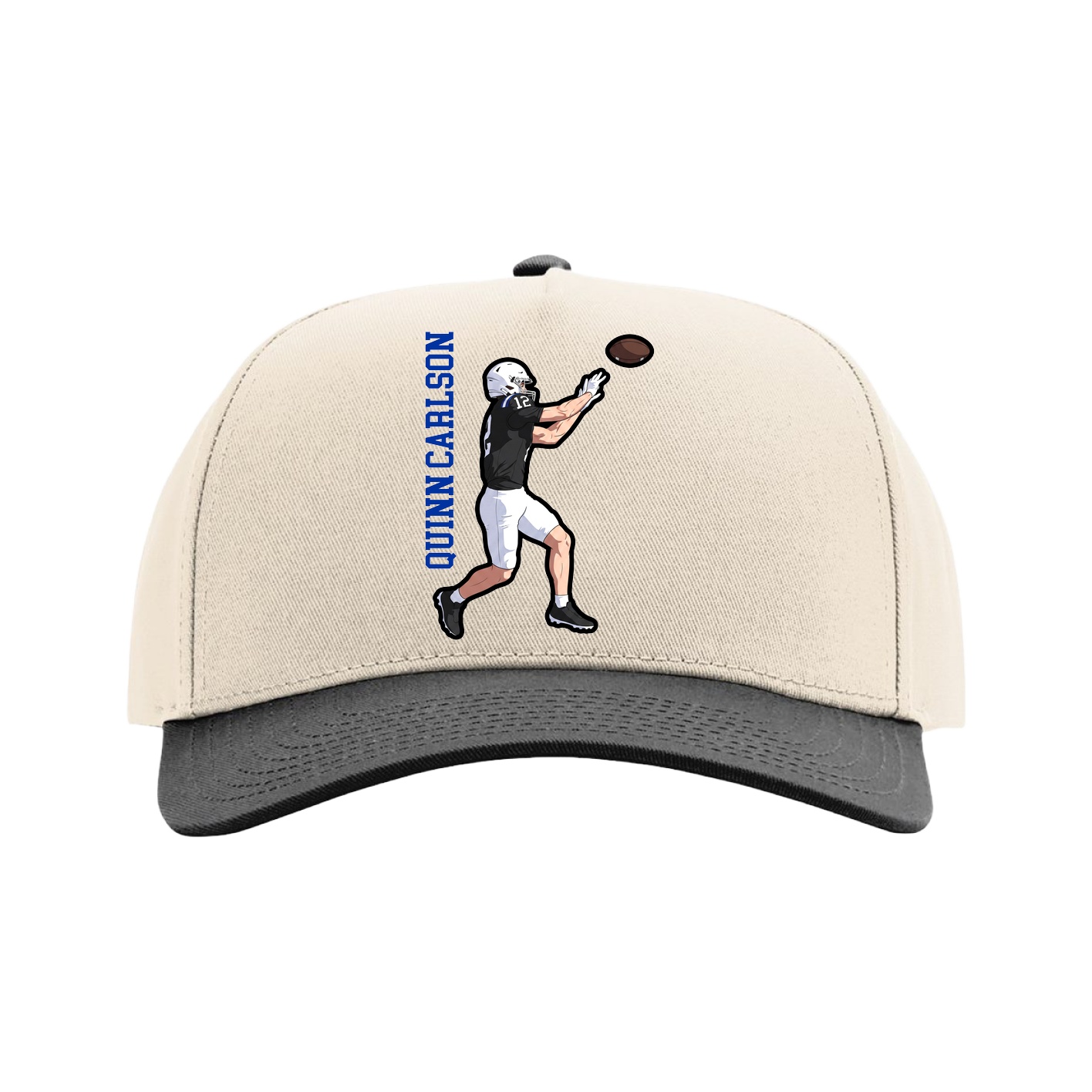 Full Fabric Five-Panel Champ Cap — Name Vertical in Cream/Black
