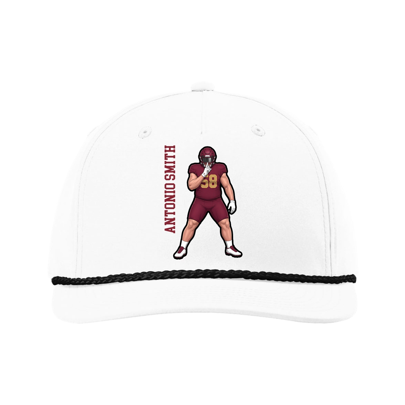 Five-Panel Classic Rope Cap — Name Vertical in White