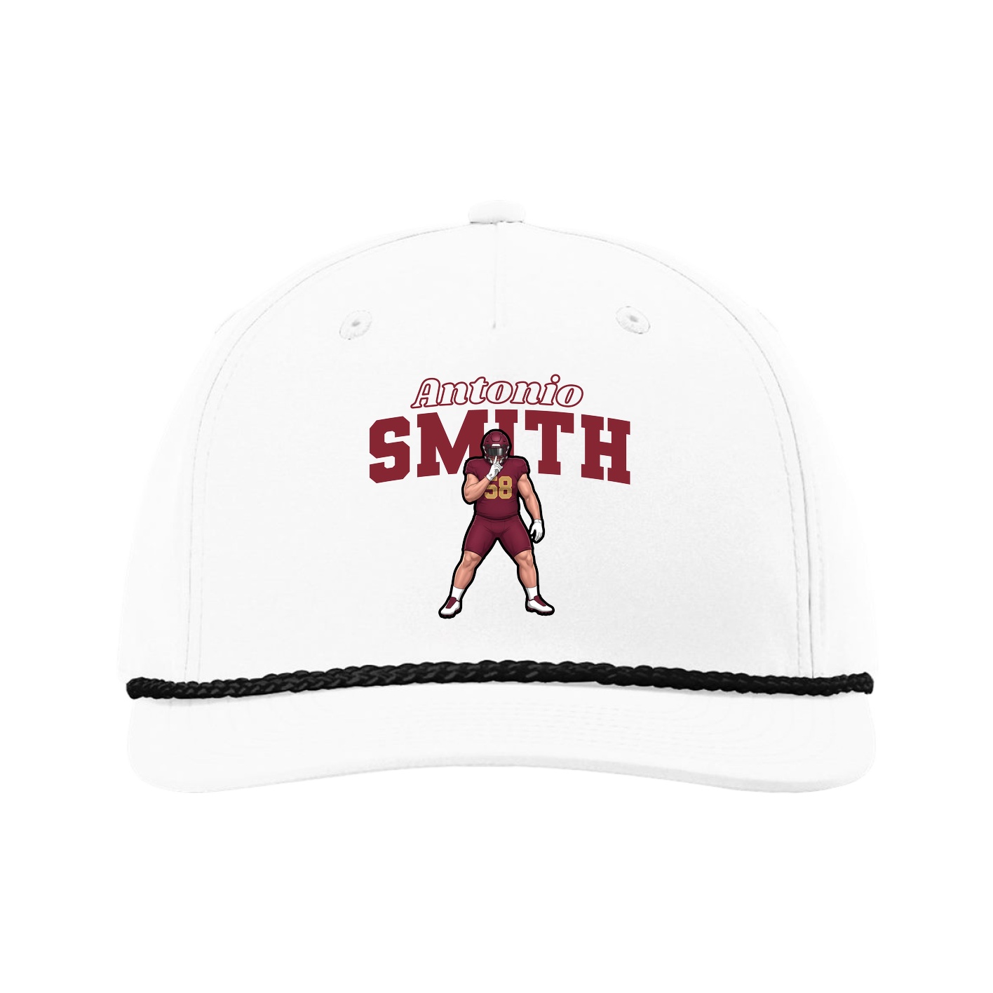 Five-Panel Classic Rope Cap — Name Arch in White