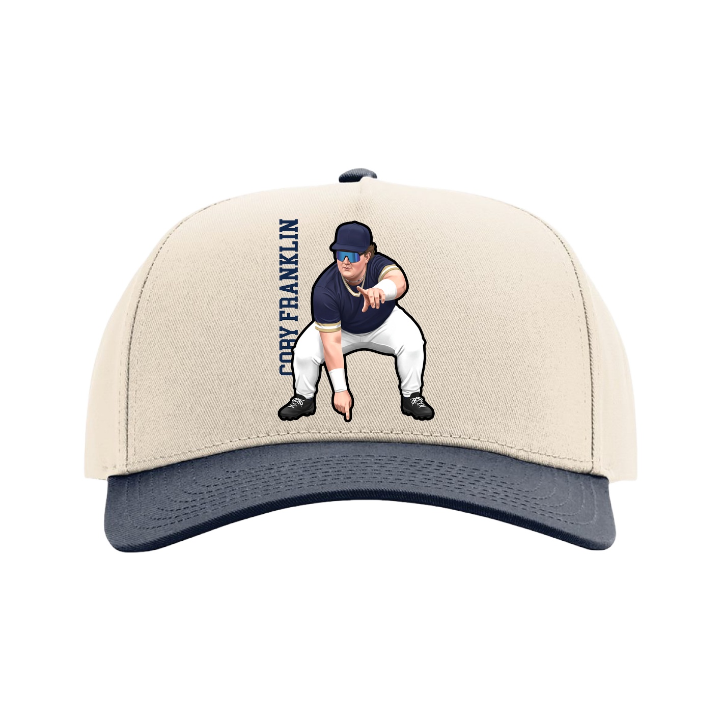 Full Fabric Five-Panel Champ Cap — Name Vertical in Cream/Navy
