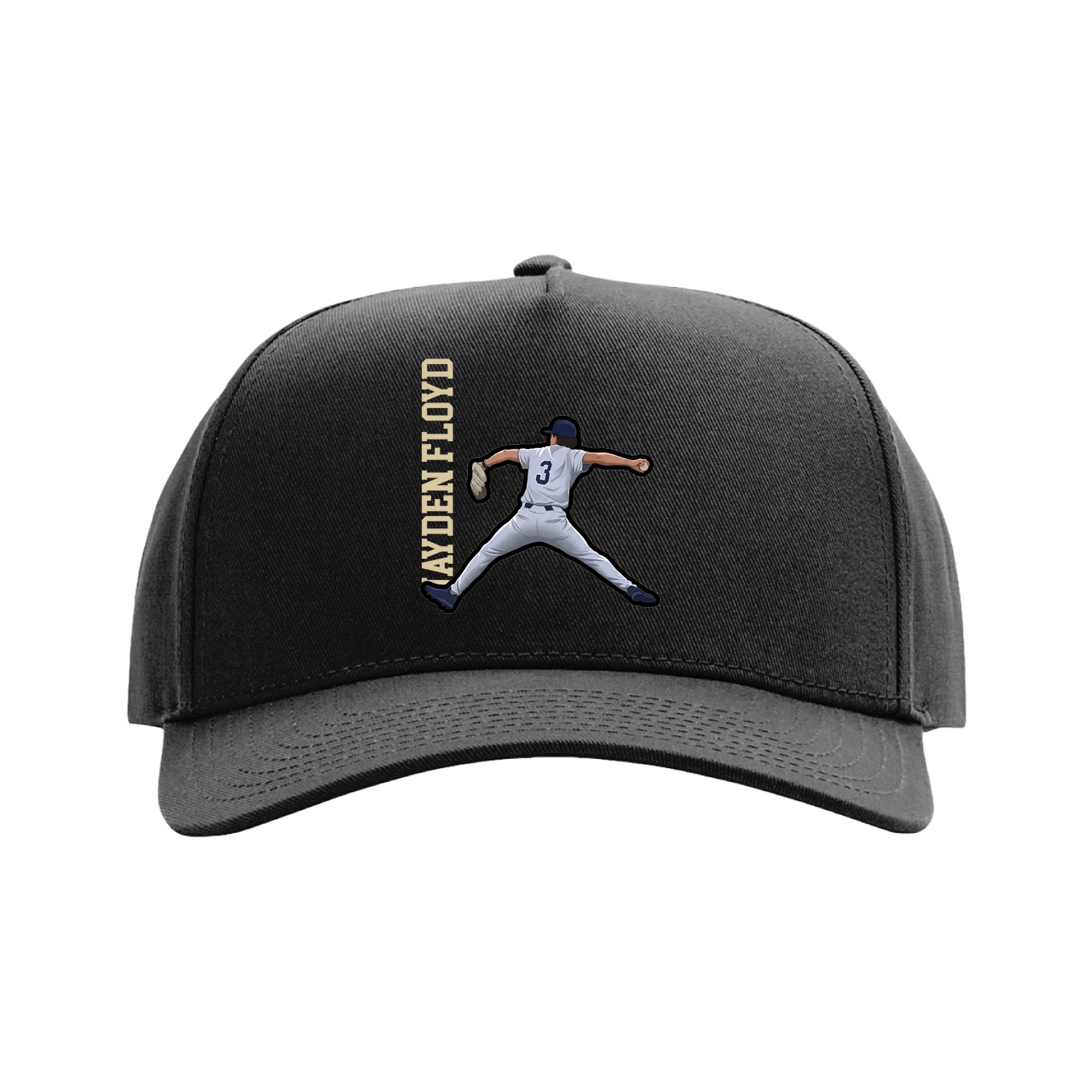 Full Fabric Five-Panel Champ Cap — Name Vertical in Black