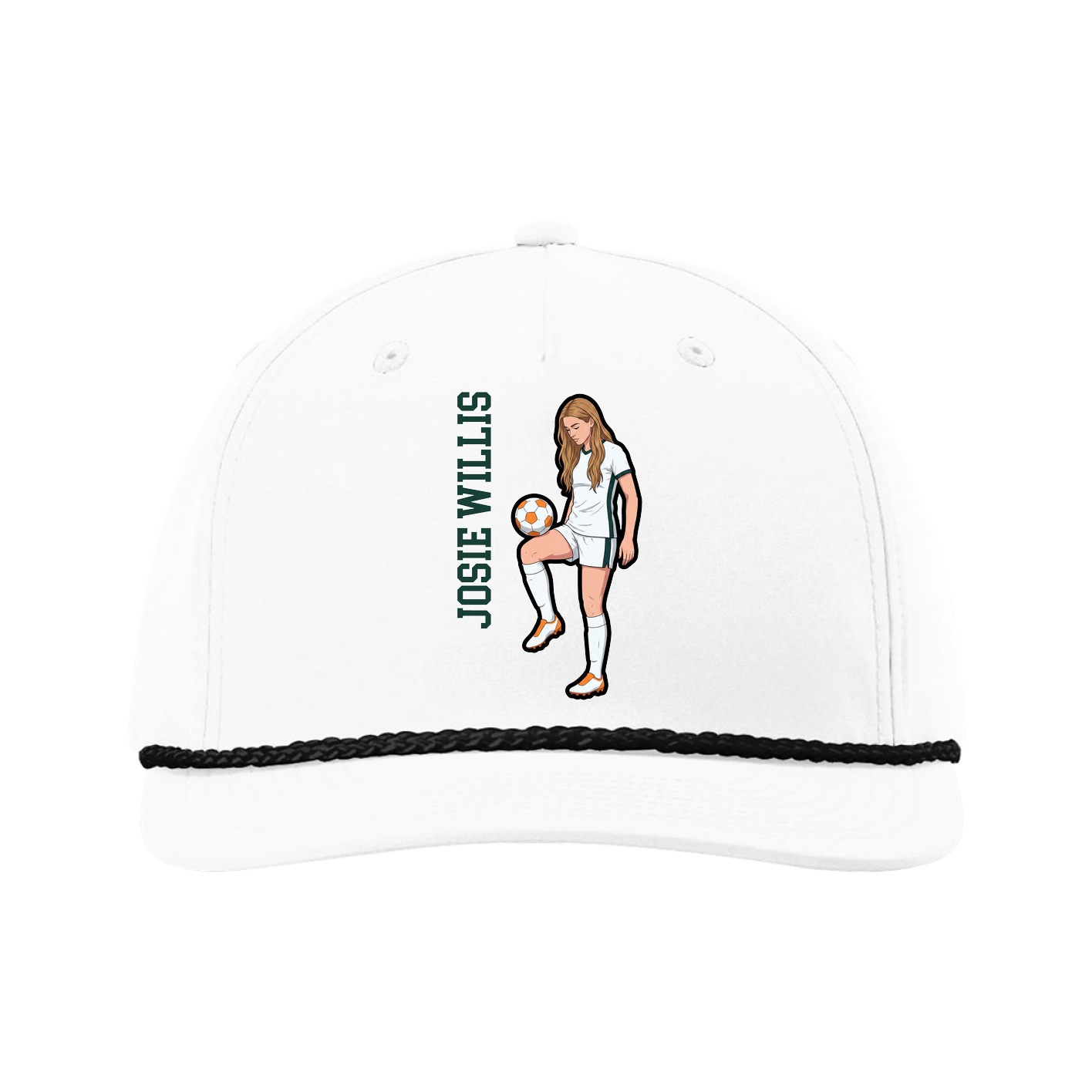 Five-Panel Classic Rope Cap — Name Vertical in White