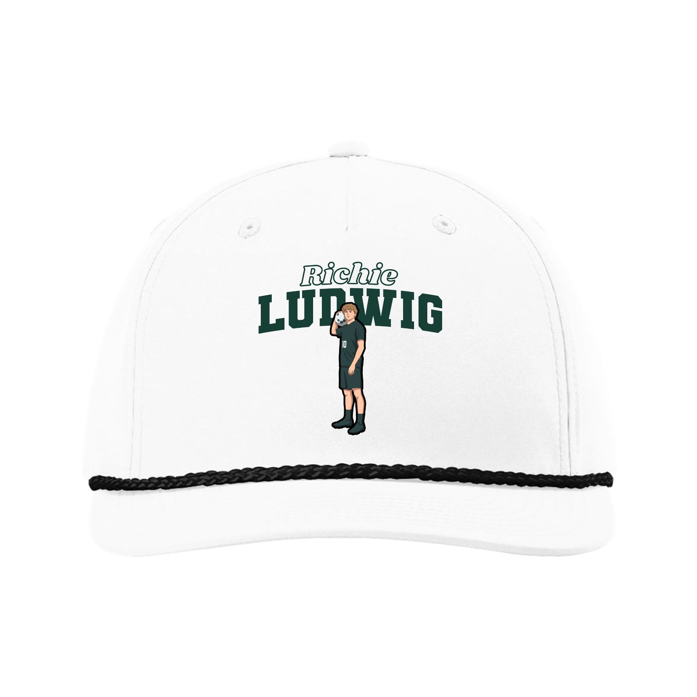 Five-Panel Classic Rope Cap — Name Arch in White