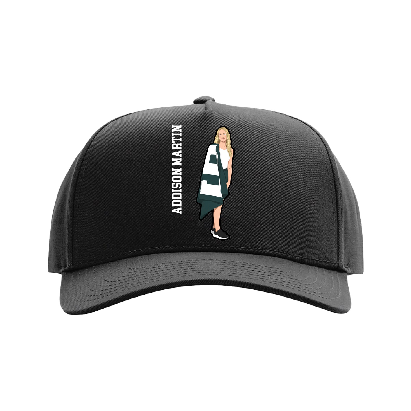 Full Fabric Five-Panel Champ Cap — Name Vertical in Black