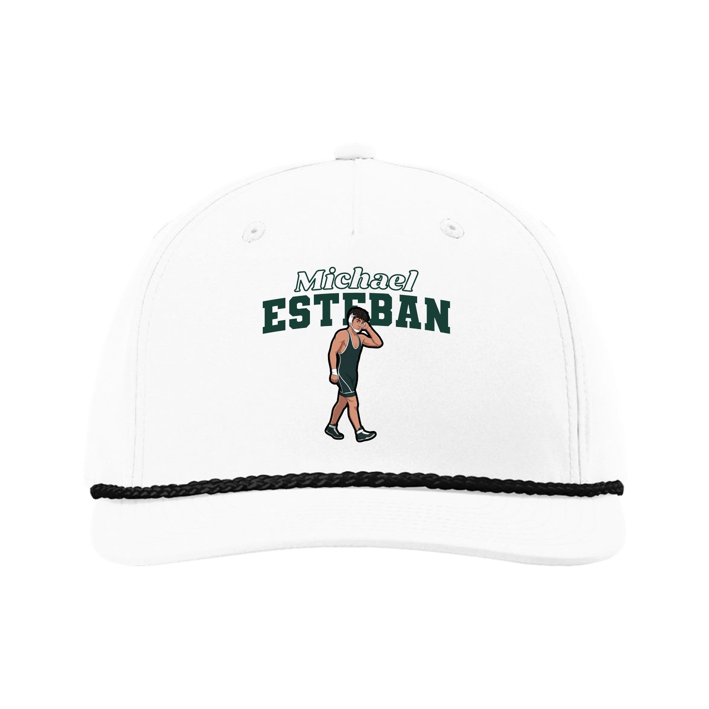 Five-Panel Classic Rope Cap — Name Arch in White