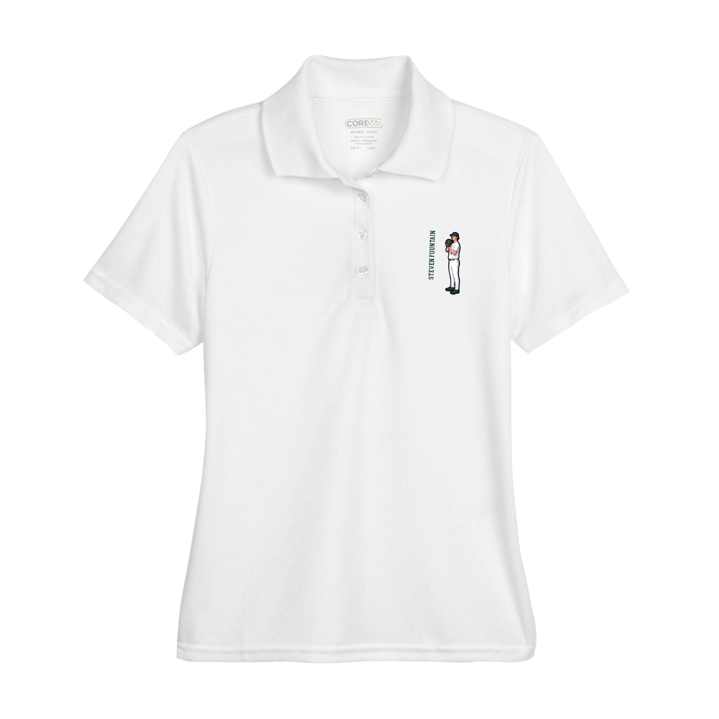 Womens Performance Polo — Name Vertical in White