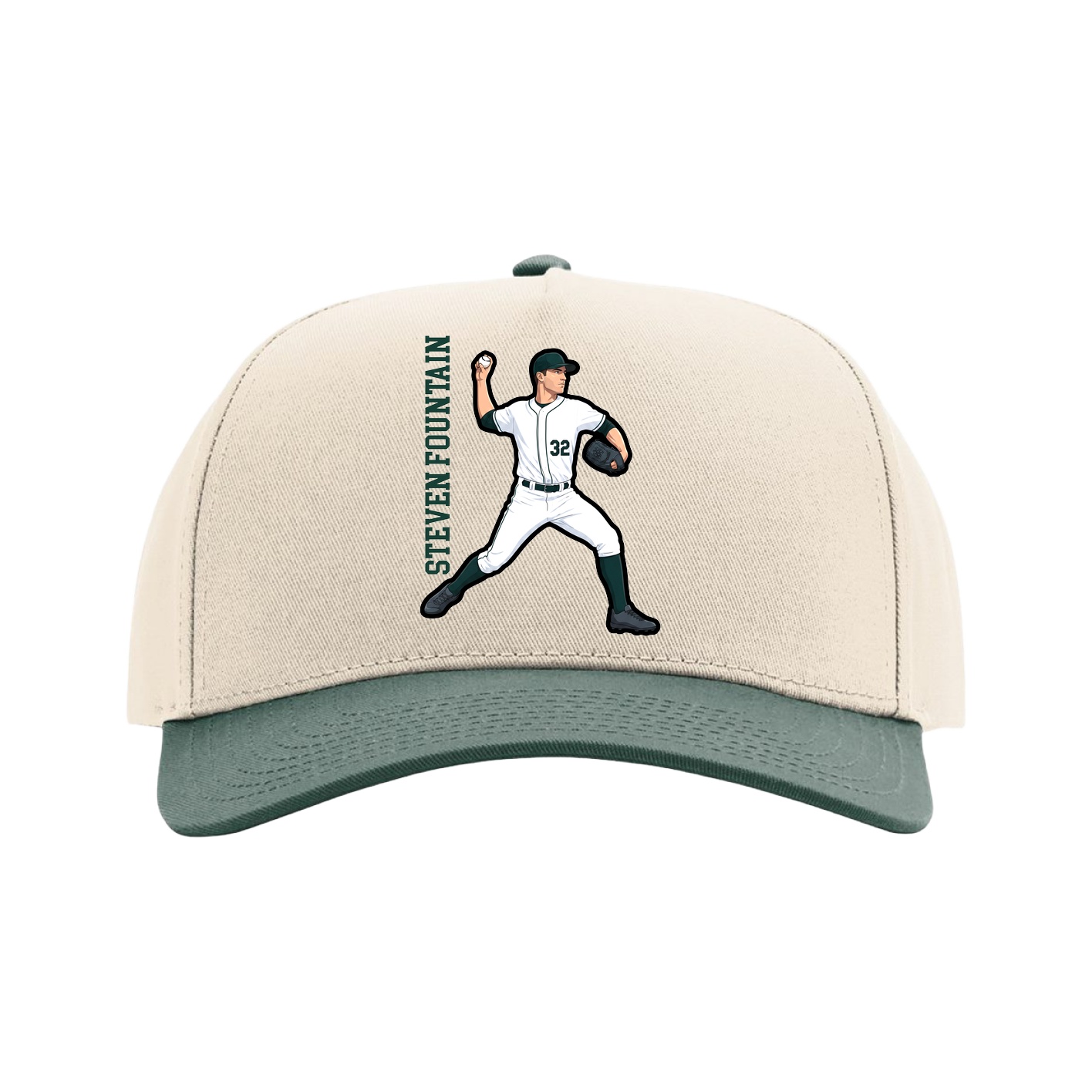 Full Fabric Five-Panel Champ Cap — Name Vertical in Cream/Green