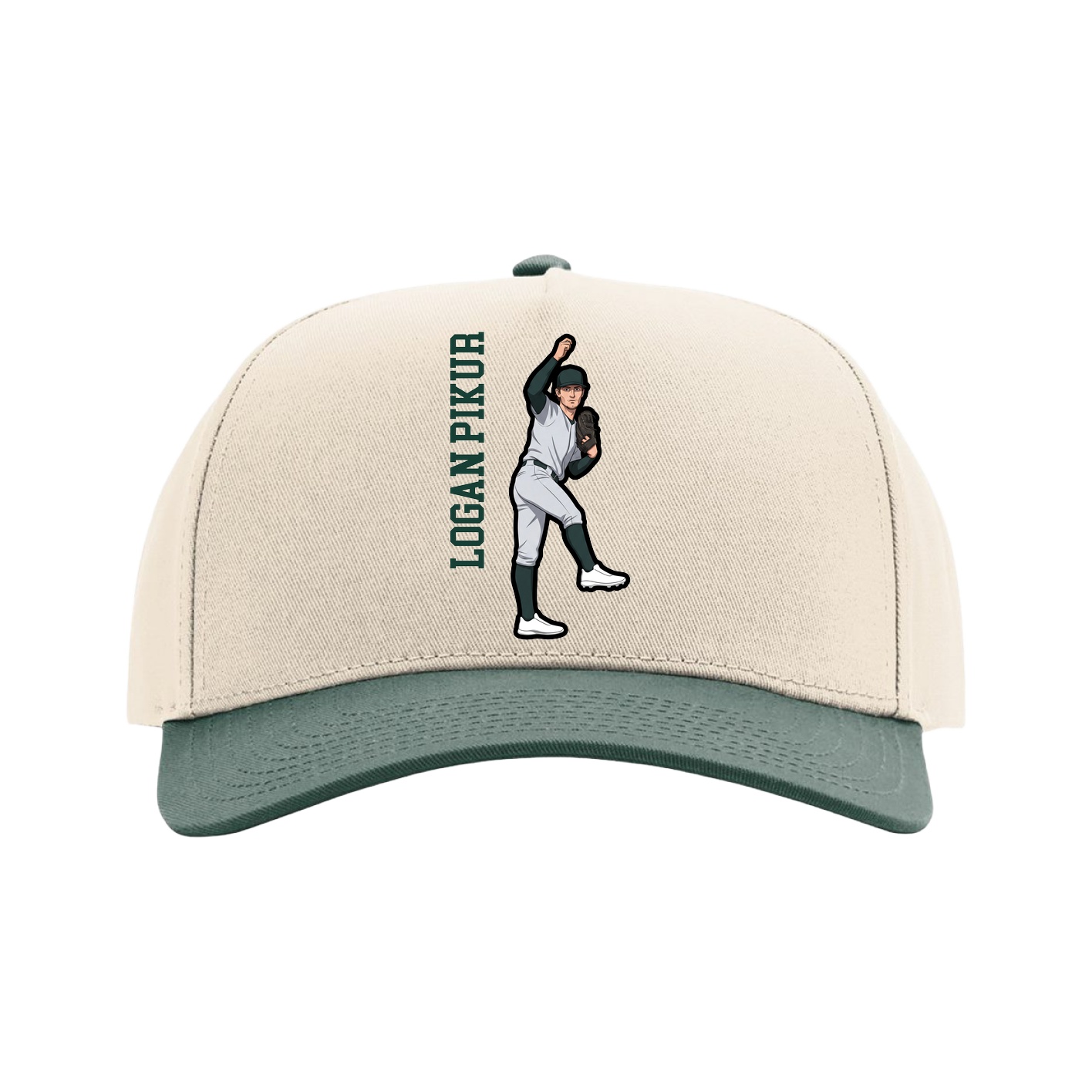 Full Fabric Five-Panel Champ Cap — Name Vertical in Cream/Green