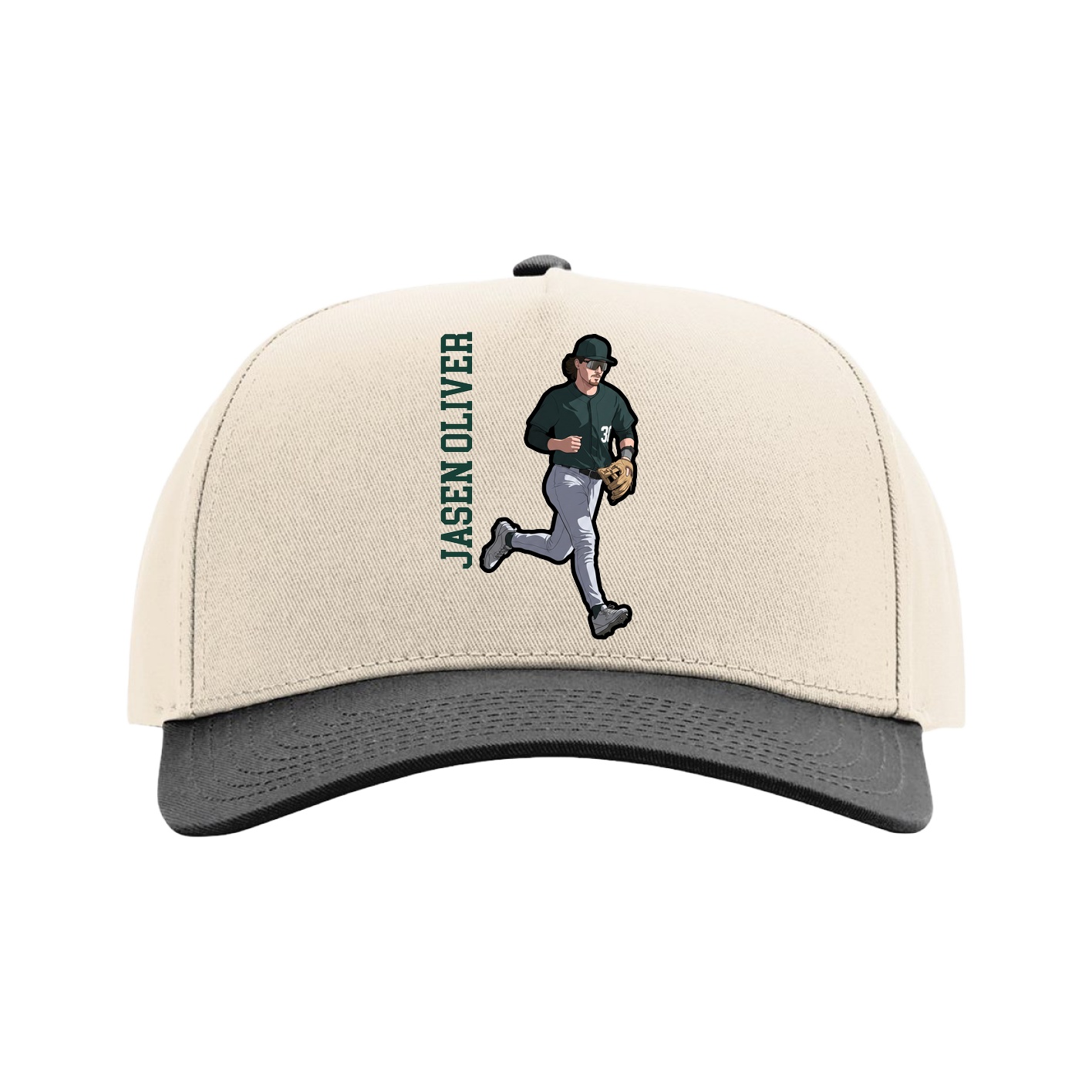 Full Fabric Five-Panel Champ Cap — Name Vertical in Cream/Black