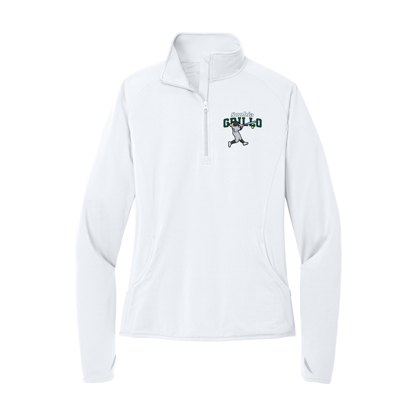 Women's Q-Zip Pullover — Name Arch in White