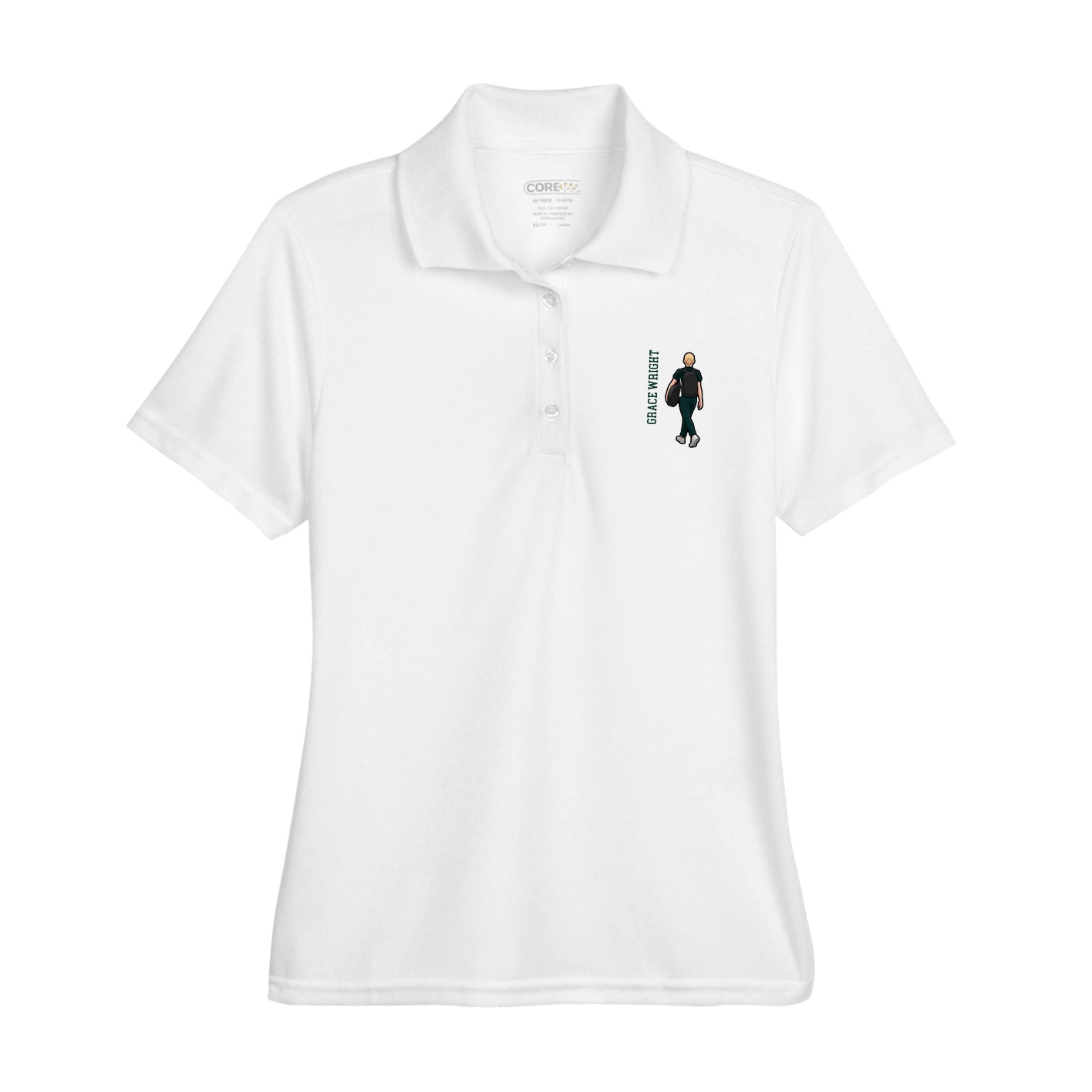 Womens Performance Polo — Name Vertical in White