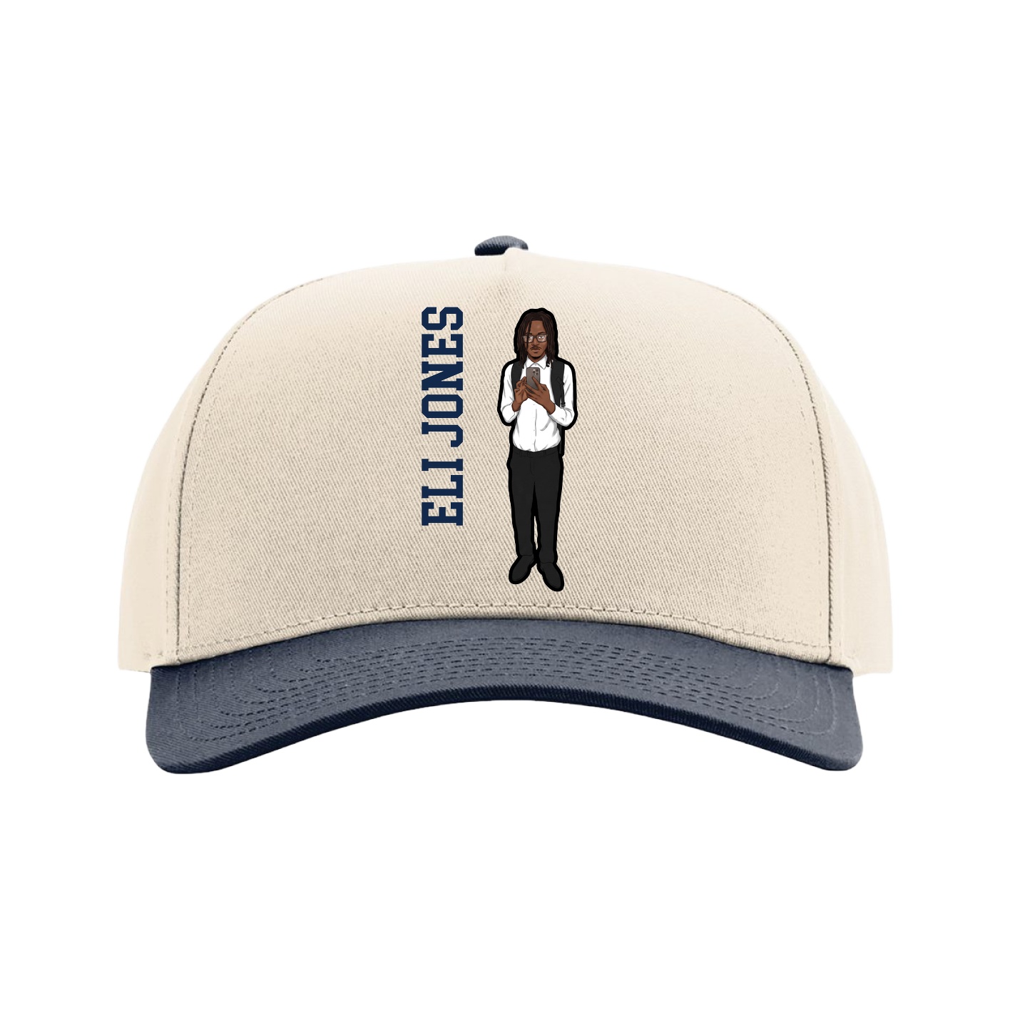 Full Fabric Five-Panel Champ Cap — Name Vertical in Cream/Navy