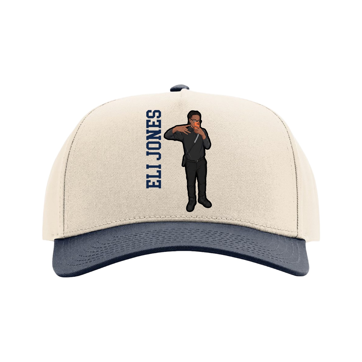 Full Fabric Five-Panel Champ Cap — Name Vertical in Cream/Navy