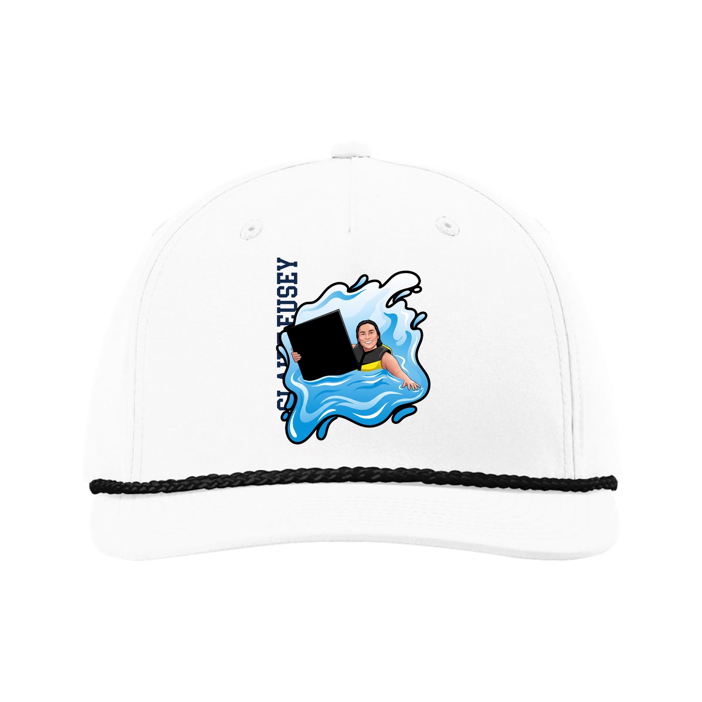 Five-Panel Classic Rope Cap — Name Vertical in White
