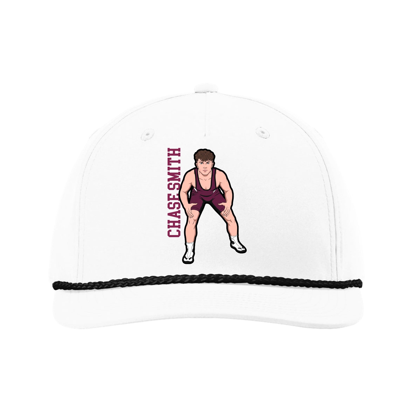 Five-Panel Classic Rope Cap — Name Vertical in White
