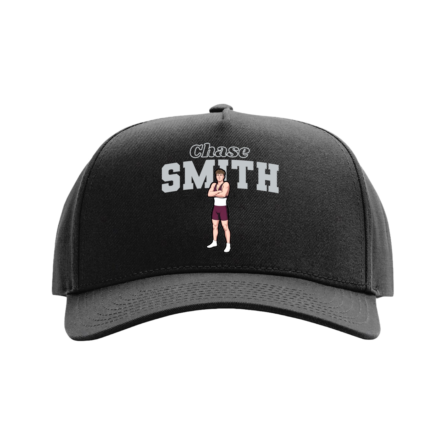 Full Fabric Five-Panel Champ Cap — Name Arch in Black