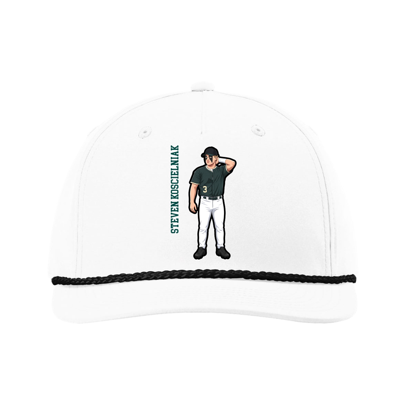 Five-Panel Classic Rope Cap — Name Vertical in White