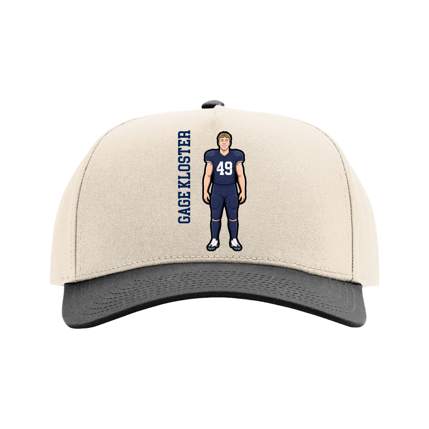 Full Fabric Five-Panel Champ Cap — Name Vertical in Cream/Black