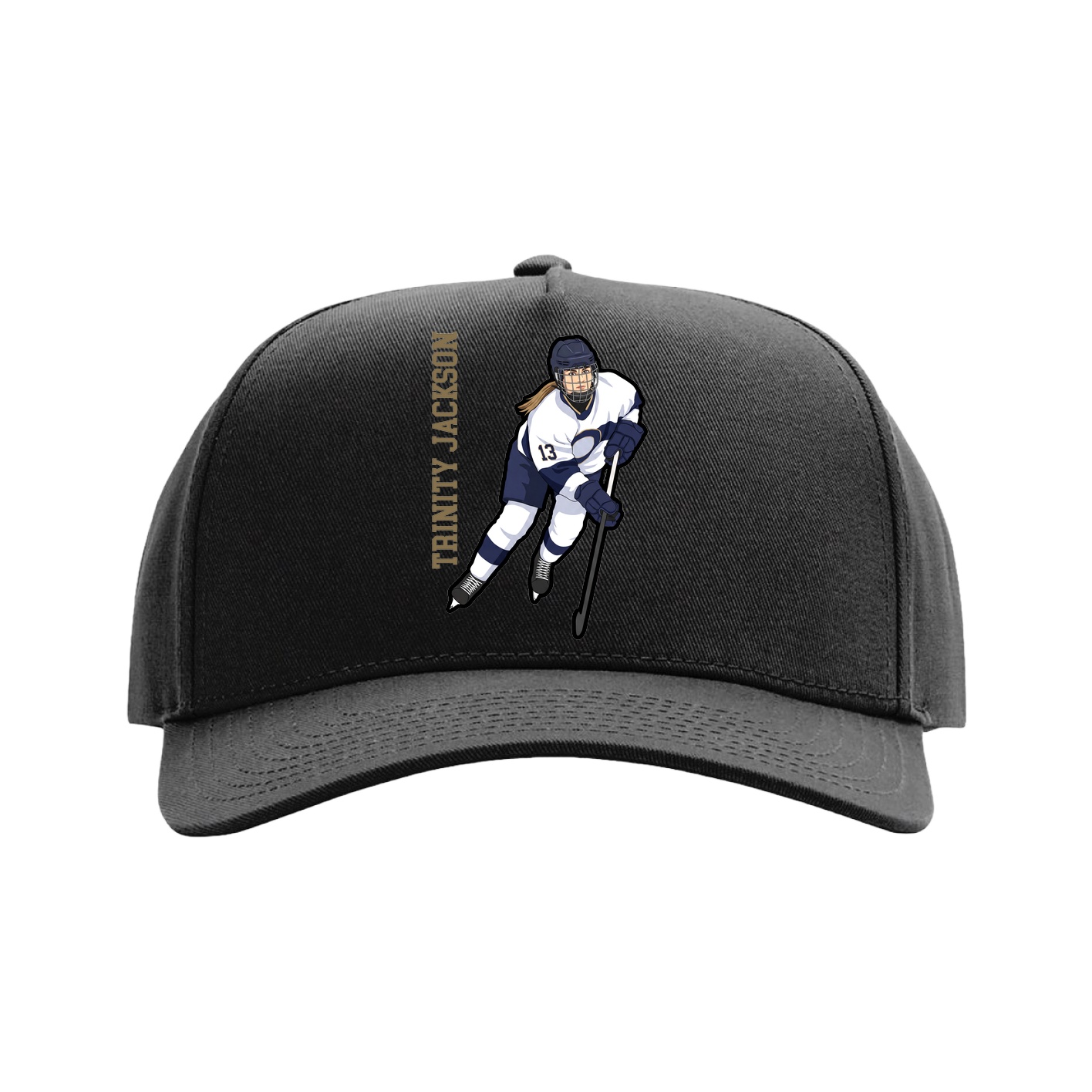 Full Fabric Five-Panel Champ Cap — Name Vertical in Black