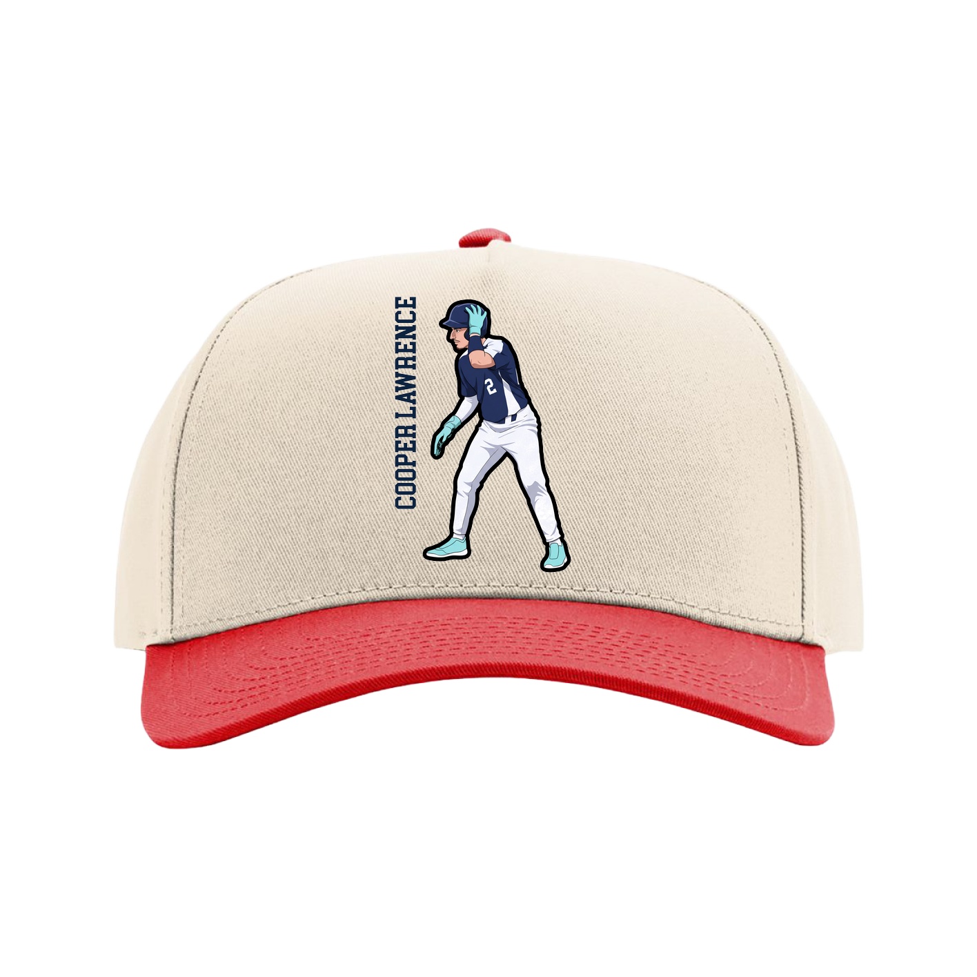 Full Fabric Five-Panel Champ Cap — Name Vertical in Cream/Red