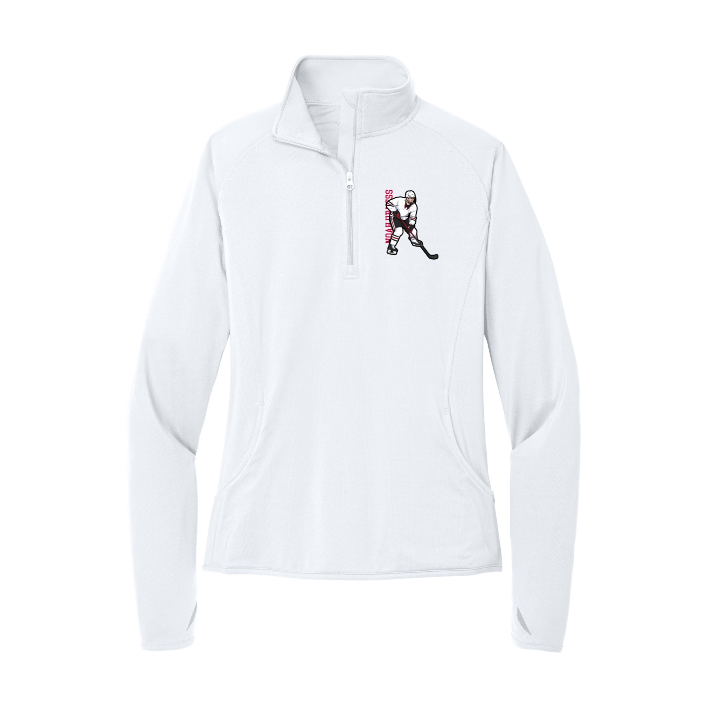Women's Q-Zip Pullover — Name Vertical in White