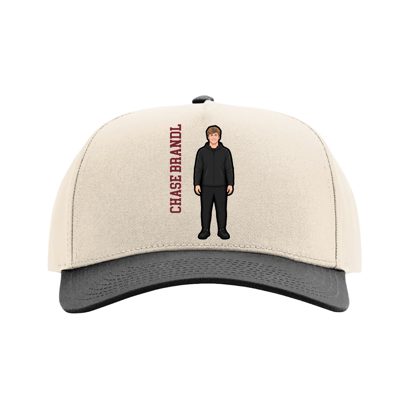 Full Fabric Five-Panel Champ Cap — Name Vertical in Cream/Black