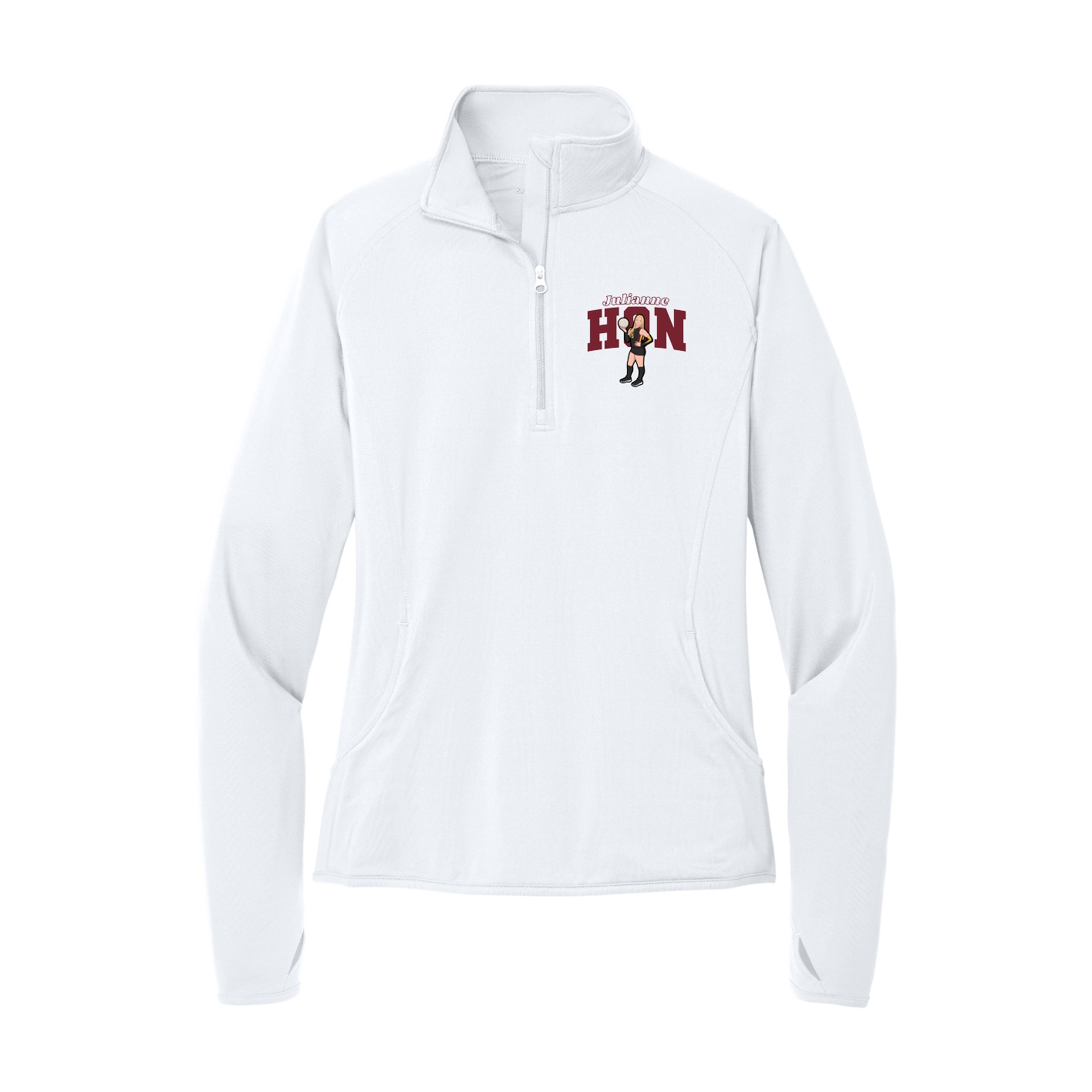Women's Q-Zip Pullover — Name Arch in White