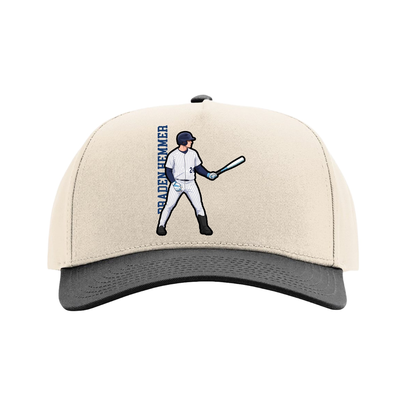 Full Fabric Five-Panel Champ Cap — Name Vertical in Cream/Black