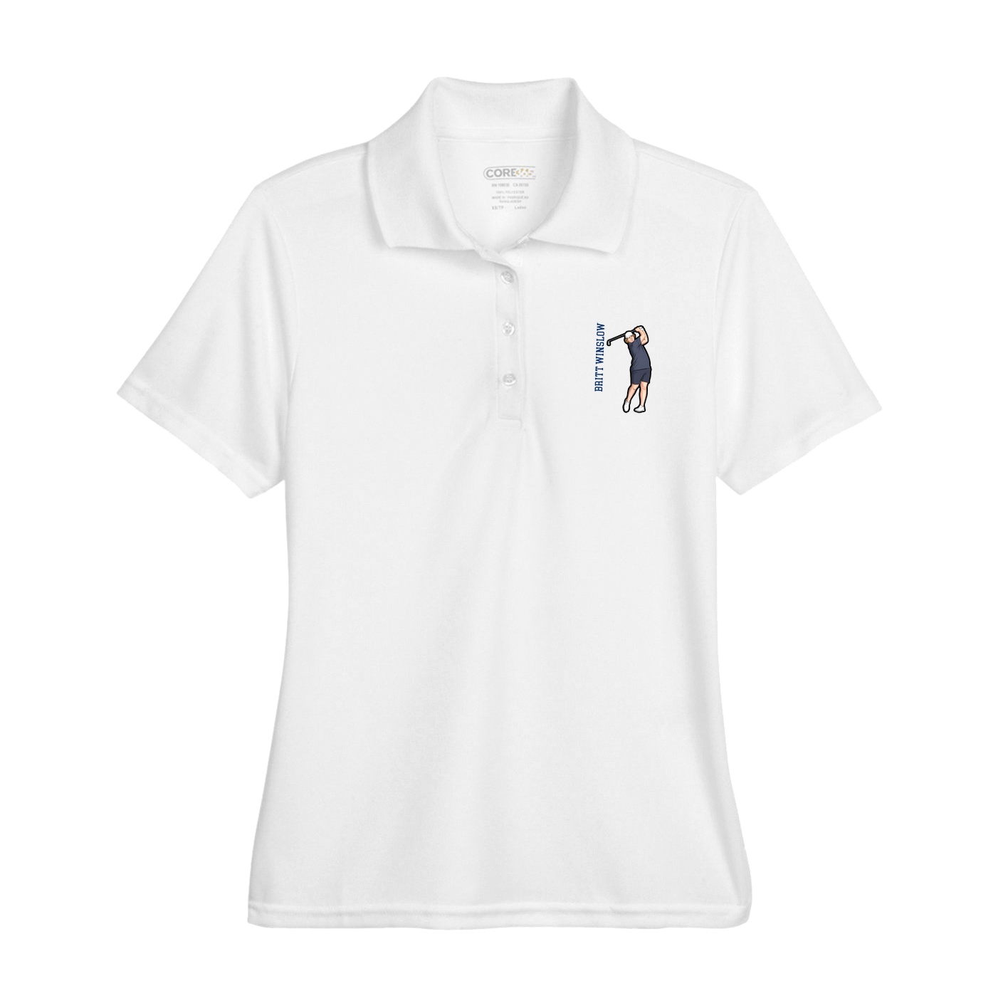 Womens Performance Polo — Name Vertical in White