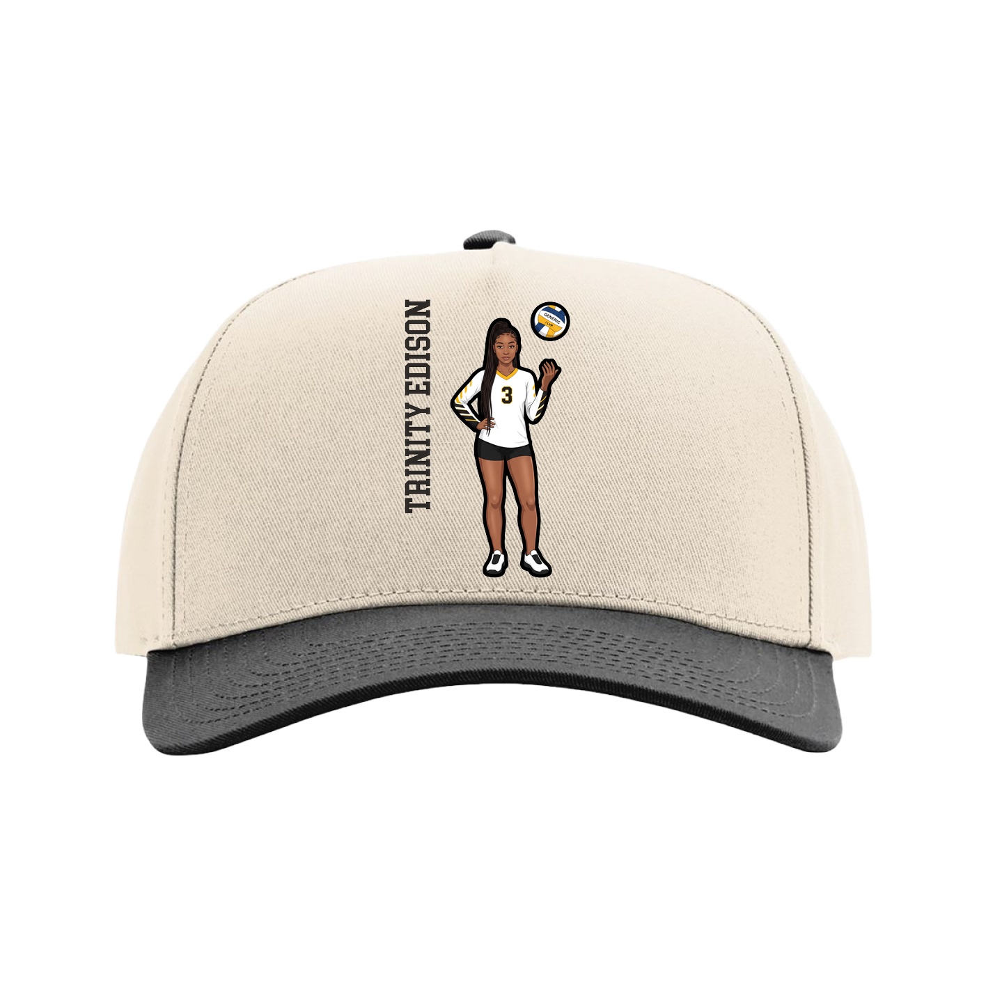 Full Fabric Five-Panel Champ Cap — Name Vertical in Cream/Black