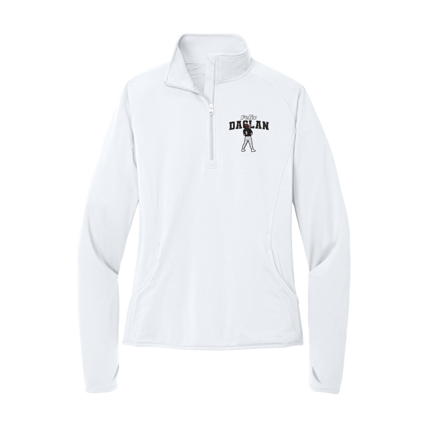 Women's Q-Zip Pullover — Name Arch in White