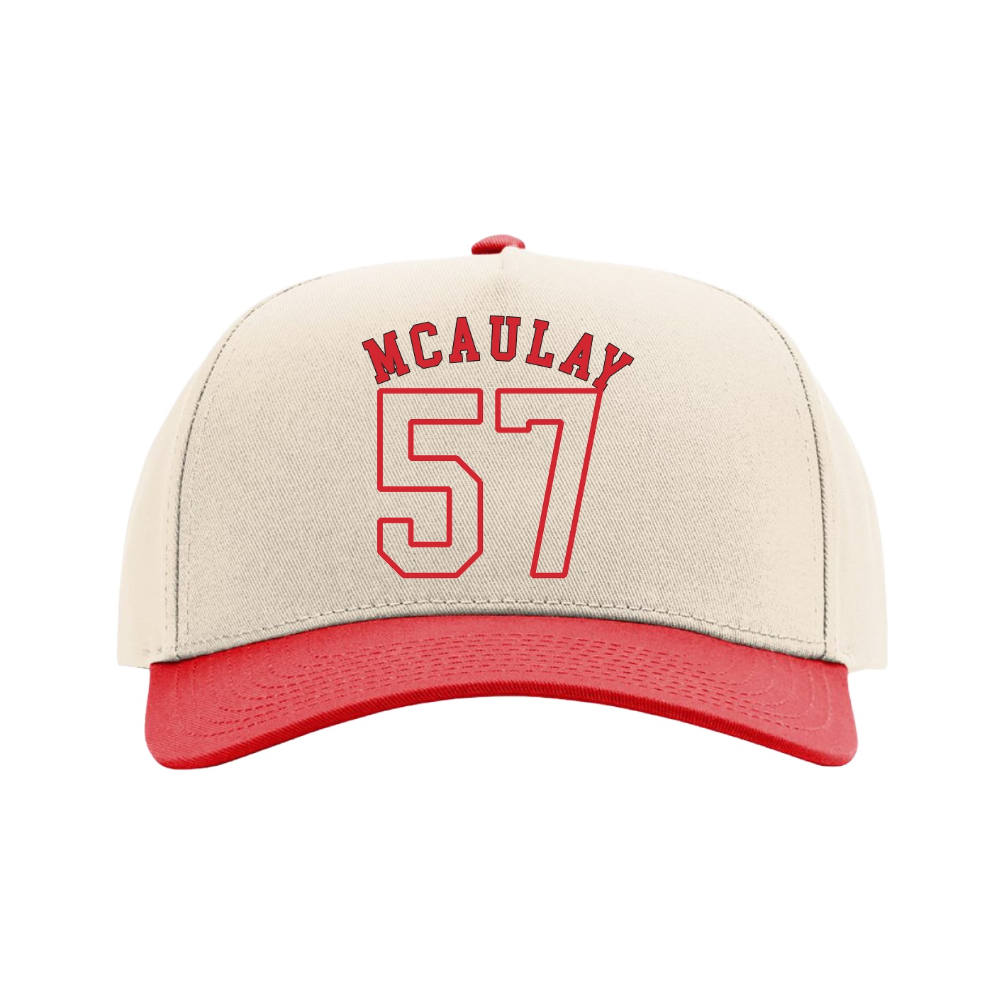 Full Fabric Five-Panel Champ Cap — Shirsey Arch in Cream/Red