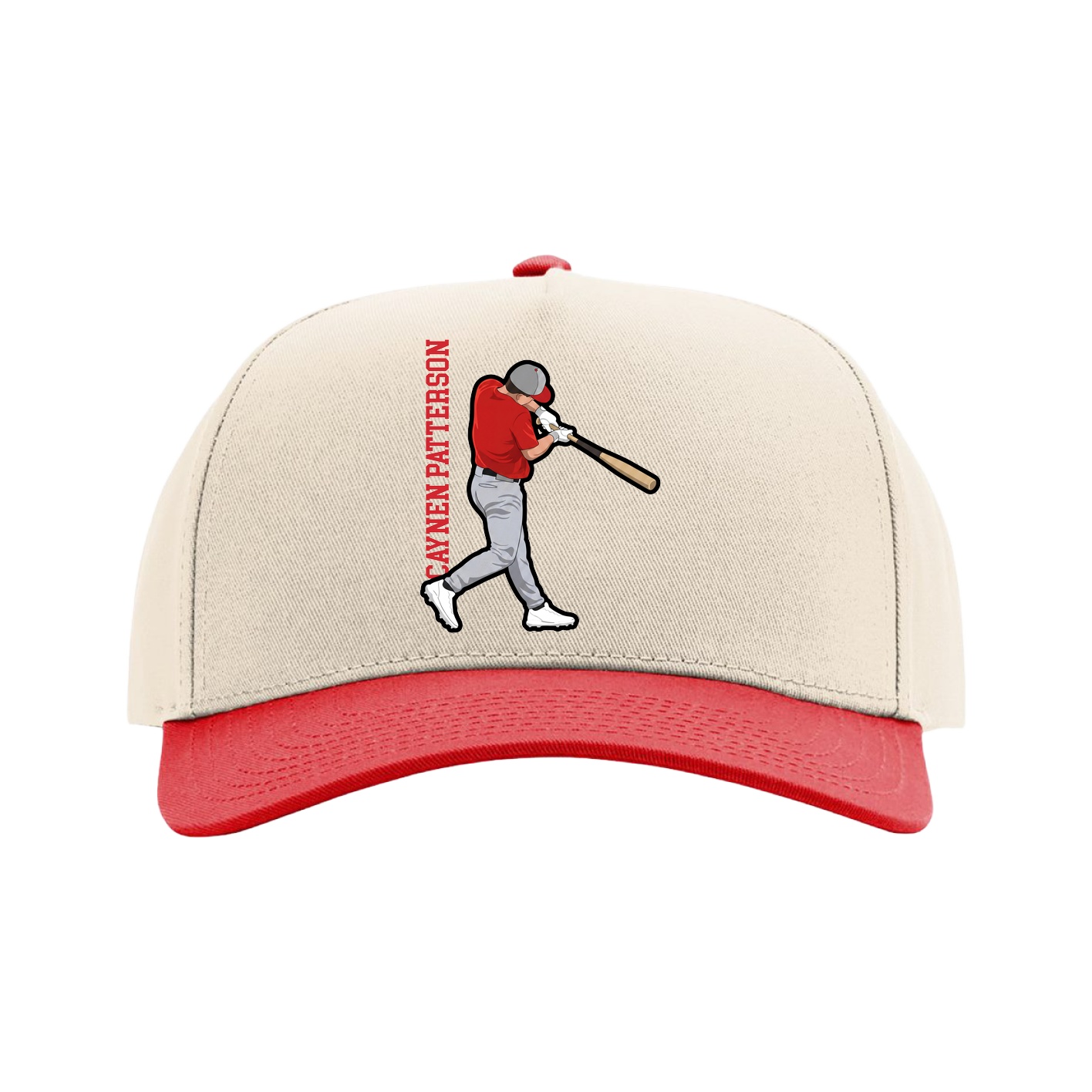 Full Fabric Five-Panel Champ Cap — Name Vertical in Cream/Red
