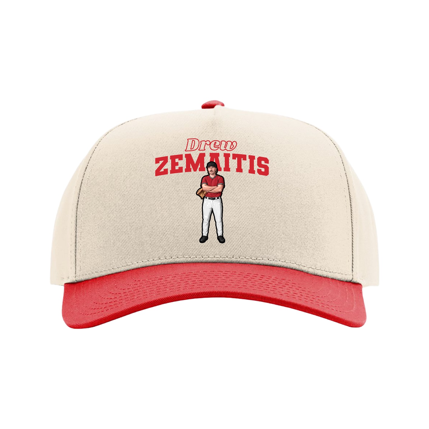 Full Fabric Five-Panel Champ Cap — Name Arch in Cream/Red