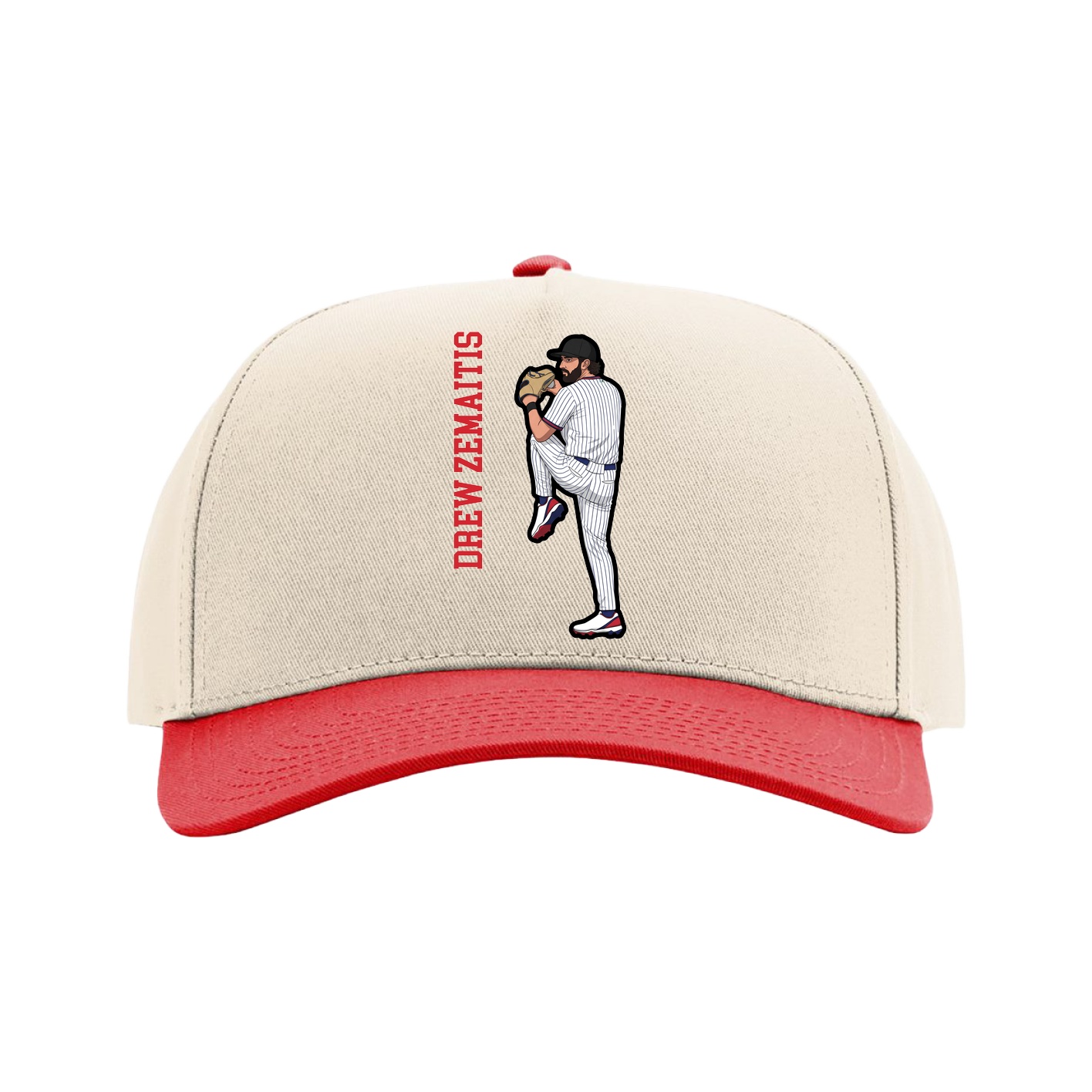 Full Fabric Five-Panel Champ Cap — Name Vertical in Cream/Red