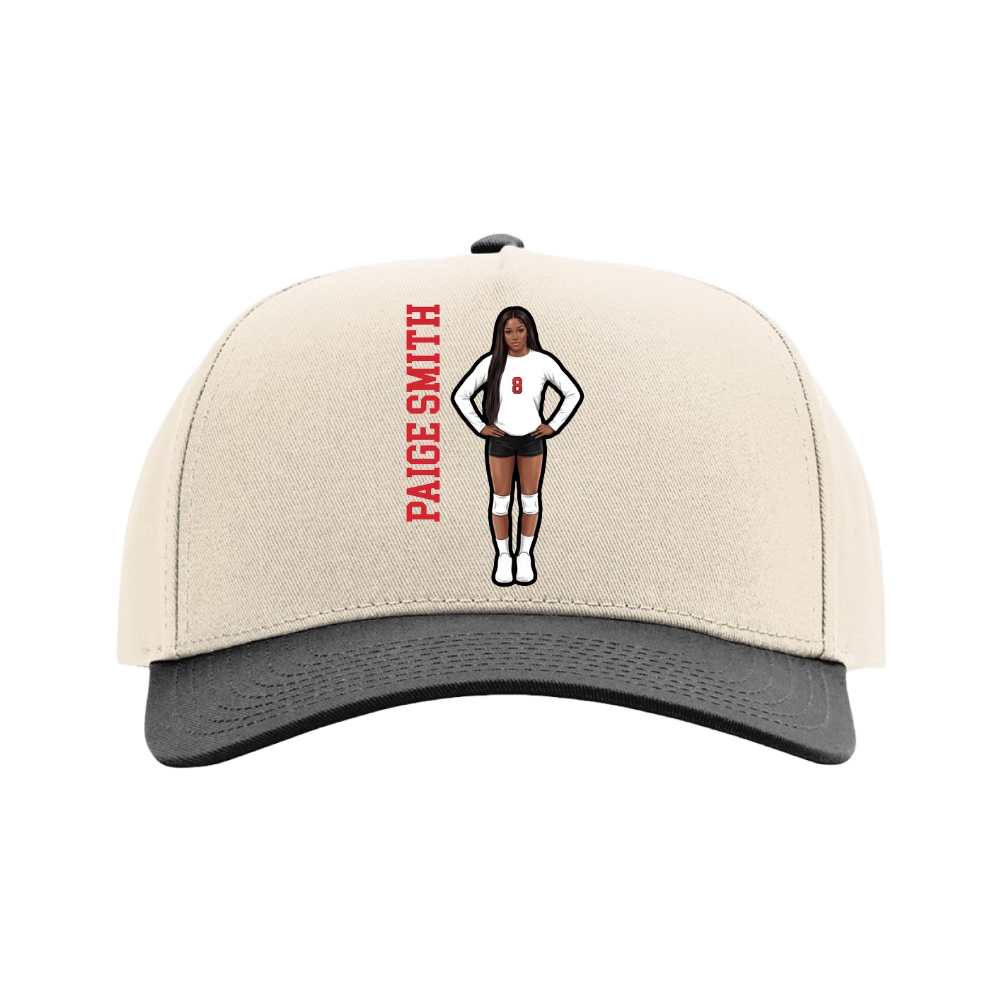 Full Fabric Five-Panel Champ Cap — Name Vertical in Cream/Black